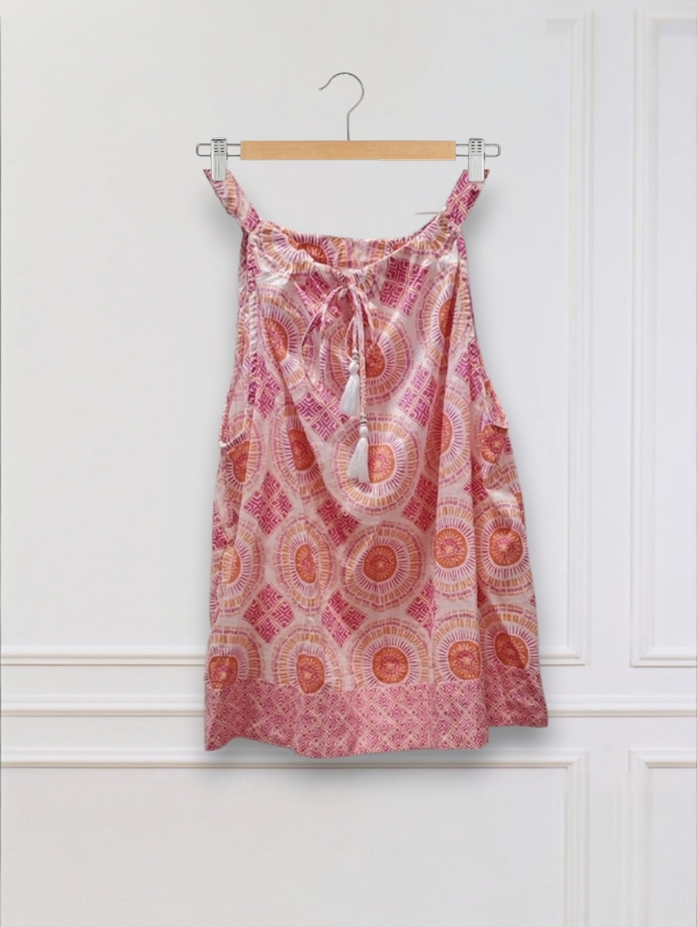 Sigrid Olsen Pink and Orange Smocked Sleeveless Tank Top Back Has Tassel Tie Lrg